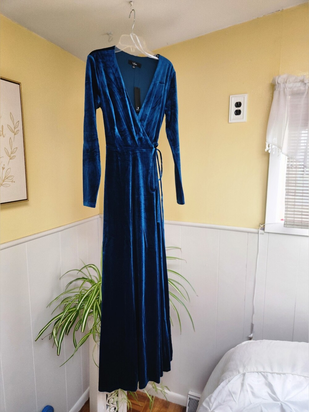 Nwt Lulus Teal Blue Velvet Wrap Maxi Dress With Long Sleeves - Picture 5 of 8
